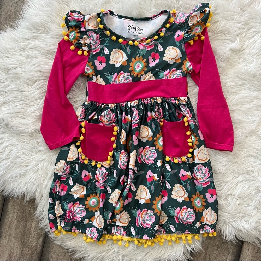 Ruffles by Tutu and Lulu Colorful Kids Dress with Floral Design and Pom Pom Trim